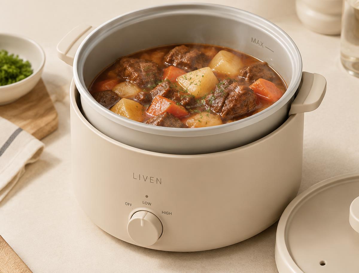 Interior de la mini olla con un guiso recién hecho