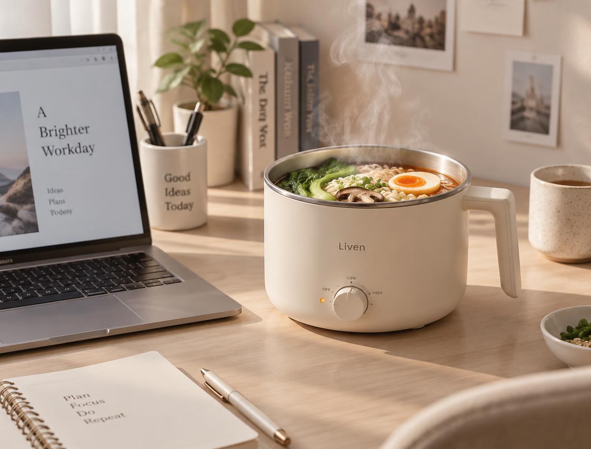 La mini olla sobre un escritorio de oficina con comida caliente